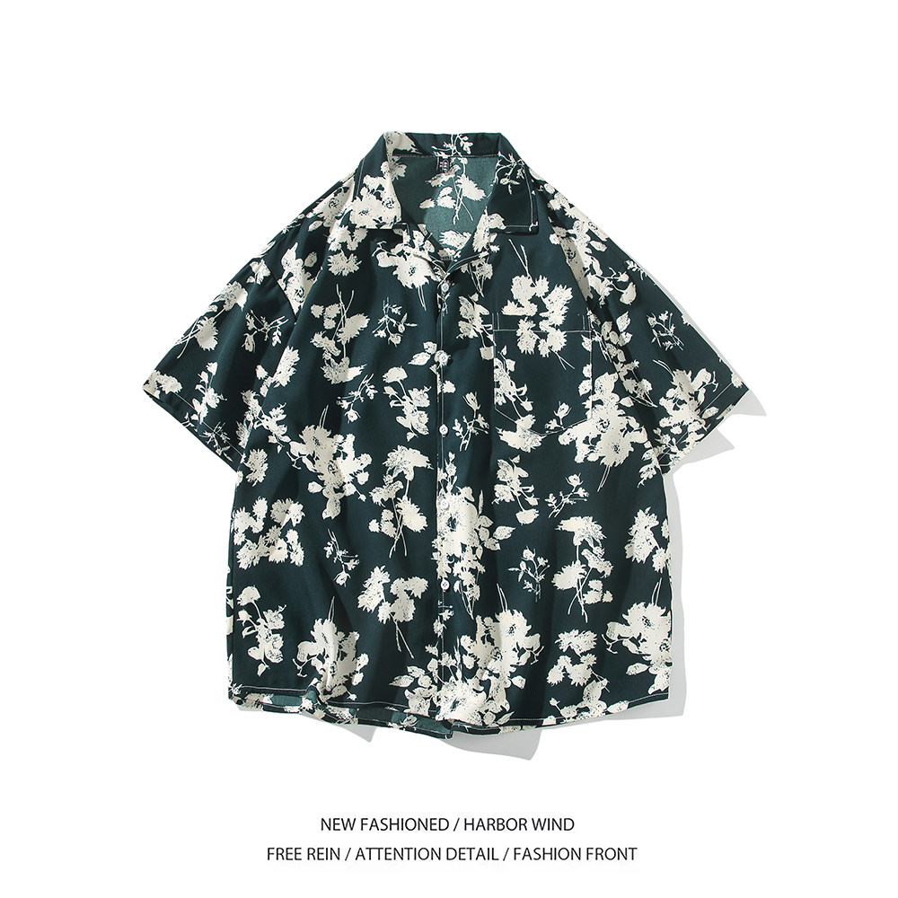 港风夏款夏短袖衬衫男宽松个性冰丝碎花衬衣6617P40控58,男装衬衫,电商A034