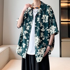 酒店内景 2025夏款短袖衬衫青年男宽松休闲碎花衬衣 6617 P40控58图片