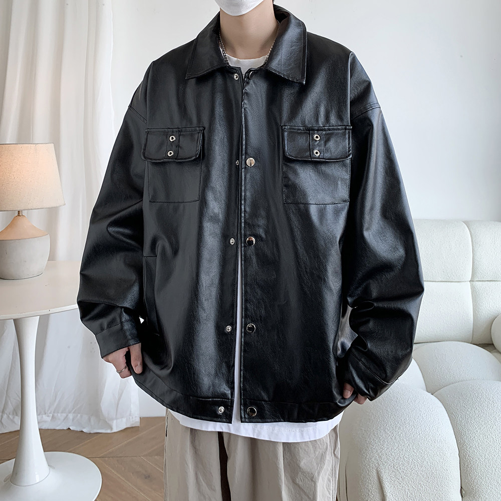 港风休闲皮衣外套青年男宽松百搭简约机车服夹克2868P78控118,男装夹克,电商A034