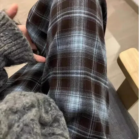 慵懒风直筒宽松春秋休闲裤拖地裤韩版垂感阔腿裤女网红格子小个子