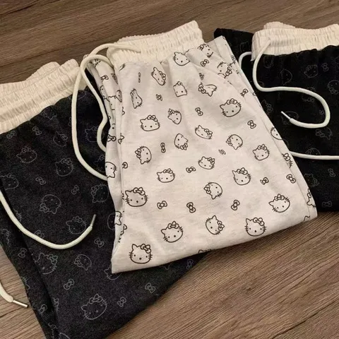 女ins休闲裤高腰猫印花长裤春款直筒阔腿百搭宽松Kitty潮薄款