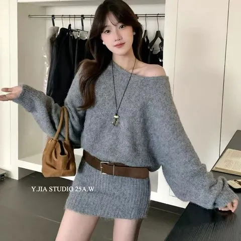 新款秋季御姐早秋冬装露肩气质连衣裙女装女装外套针织2026包臀裙