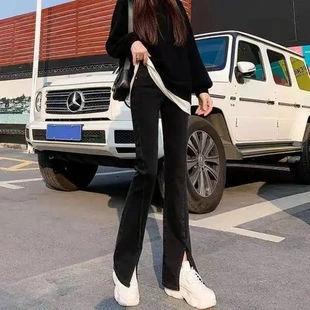 喇叭裤子开叉牛仔裤微喇2025年女高腰新款拖地裤春秋分叉阔腿黑色