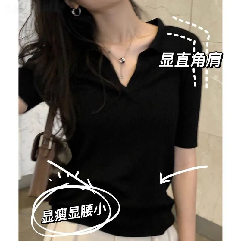 黑色POLO领短袖正肩t恤夏季修身小个子别致锁骨短款上衣女性感