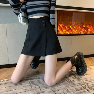 宽松阔腿裤子高腰外穿秋装ins黑色小个子短裤女设计感小众a字春秋