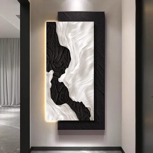 新款立体砂岩肌理挂画玄关装饰画带灯高级感客厅入户走廊过道壁画