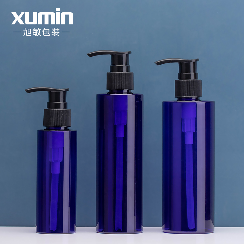 旭敏现货100/200/250ml化妆品兰色乳液按压瓶 黑色压泵塑料空瓶子