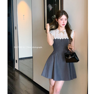 杨小卷 格雷系千金 法式蕾丝拼接无袖连衣裙女夏收腰显瘦灰色短裙