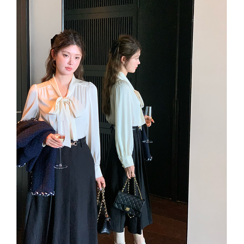 杨小卷 法式轻奢气质蝴蝶结飘带衬衫女高级感缎面长袖上衣 巨百搭图片