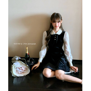 杨小卷 MIU系千金假两件黑色丝绒娃娃领连衣裙收腰小黑裙生日裙子