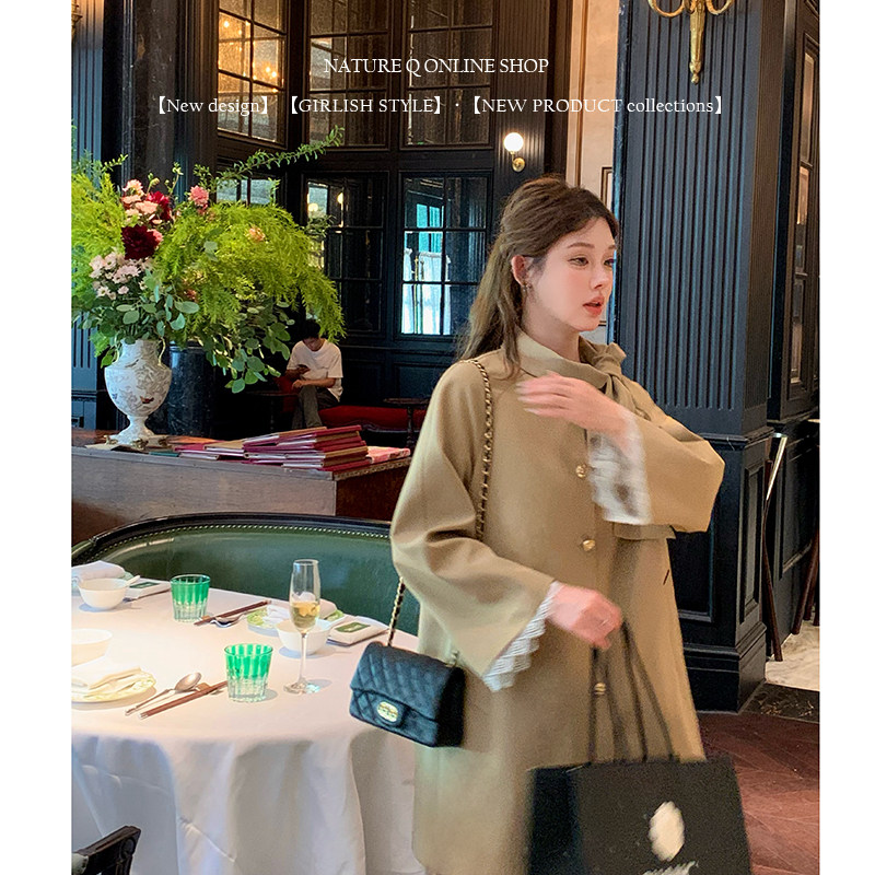 杨小卷法式千金风蝴蝶结飘带风衣外套女小个子卡其色大衣早秋穿搭图片