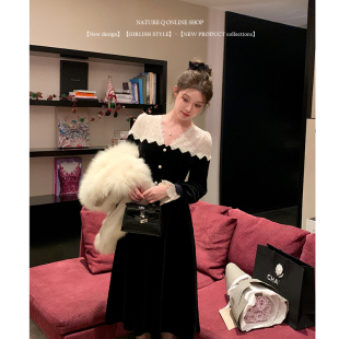 杨小卷法式千金风蕾丝拼接丝绒V领连衣裙女黑色生日/年会礼服裙冬