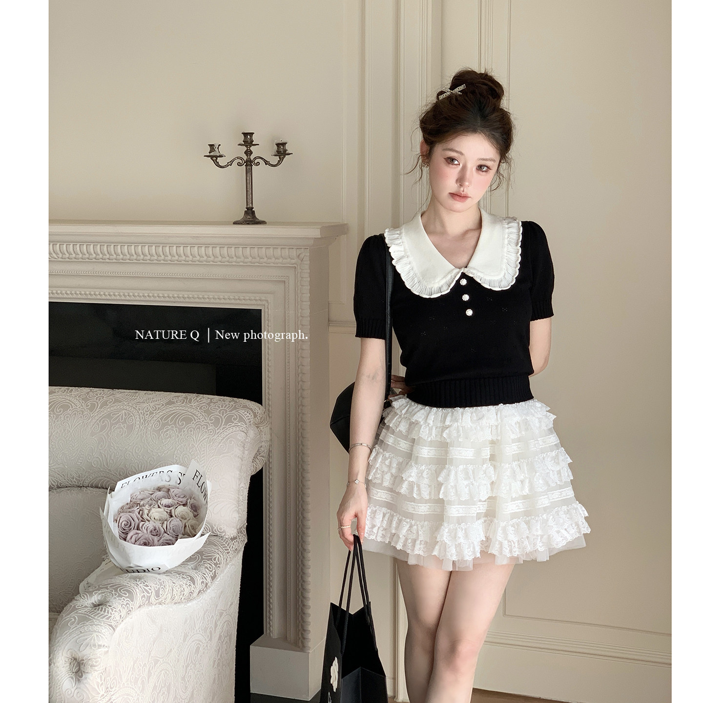 杨小卷 少女千金感miu系上衣短袖娃娃领针织衫小个子短款T恤春夏图片