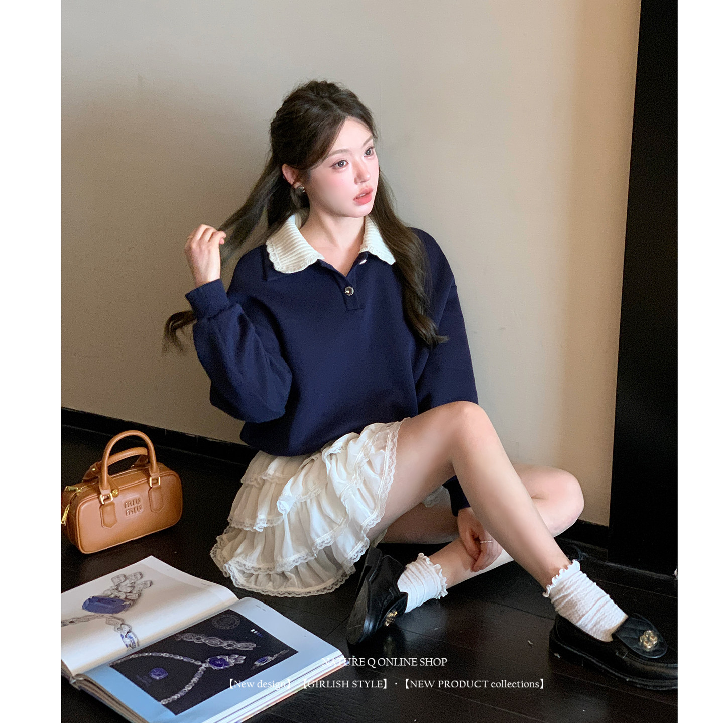 杨小卷 miu系学院风针织卫衣女外套 可拆卸1oo羊毛翻领休闲上衣秋图片