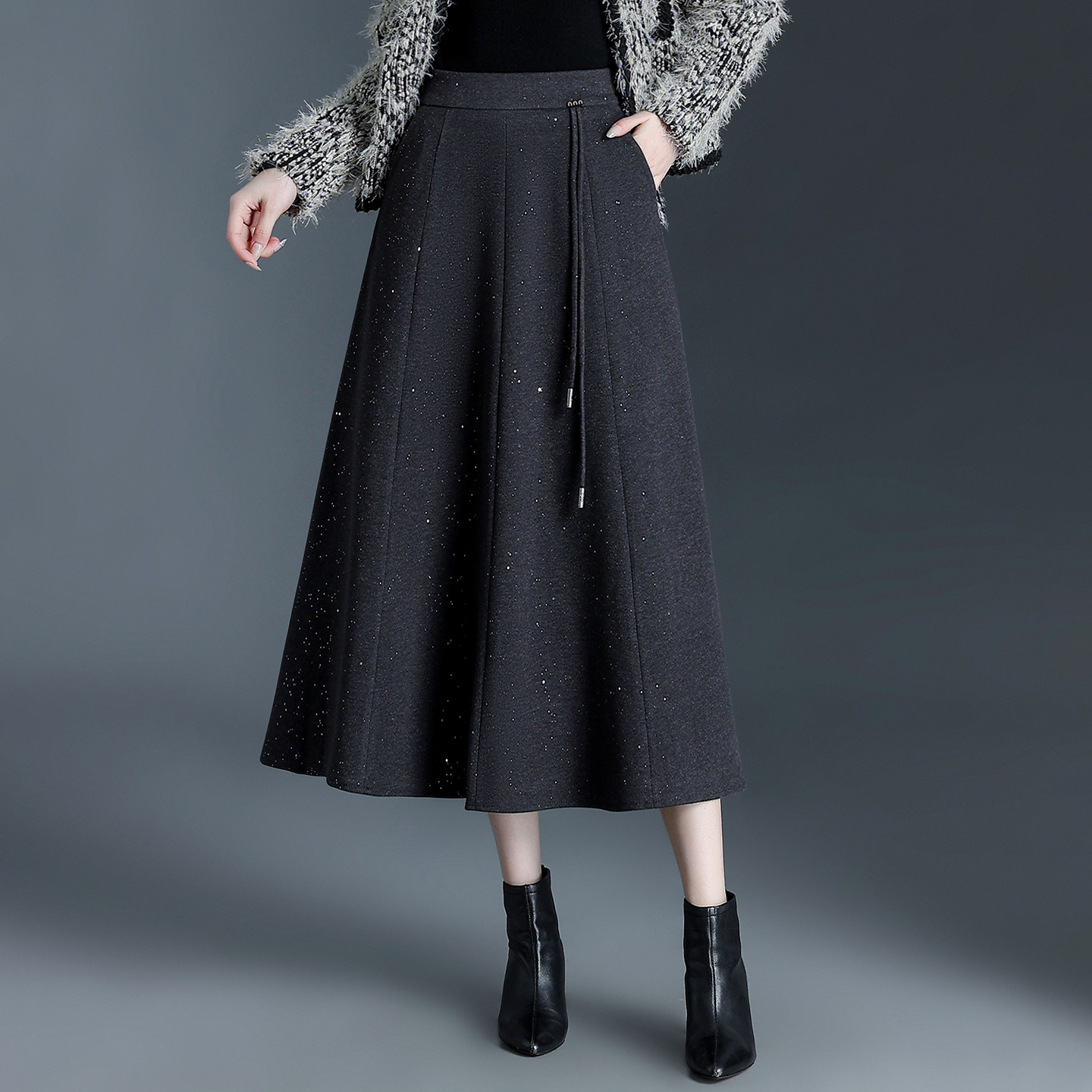 80CM裙长闪粉八片毛呢大摆裙高腰后松紧腰中长款A字半身裙长摆裙