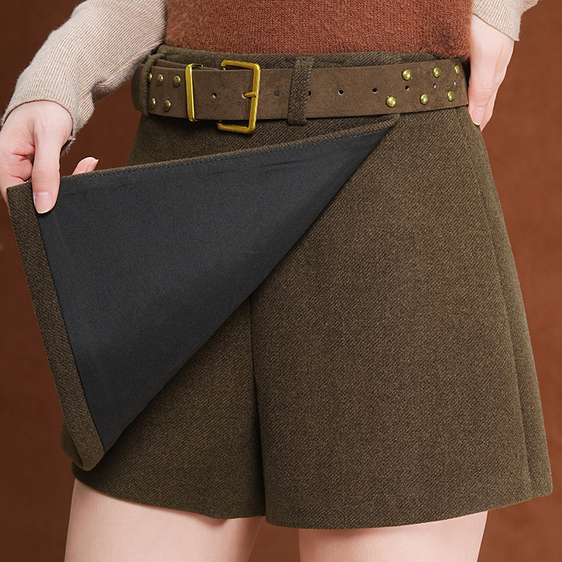 假两件短裤裙毛呢A字短裤女高腰左侧拉链显瘦不规则裙裤小个子