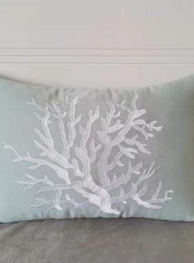 外贸床上用品精致纯棉珊瑚刺绣抱枕靠垫含芯内胆枕头蓝色31x46cm