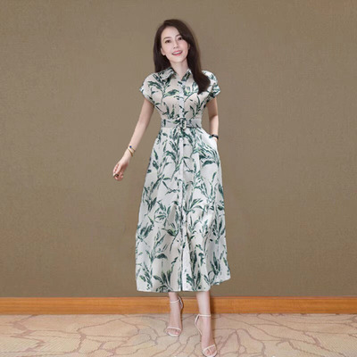 印花翻领短袖连衣裙女