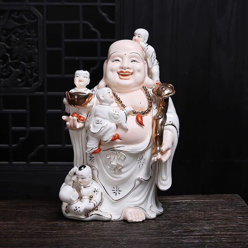 家居玄关五子登科弥勒佛陶瓷摆件