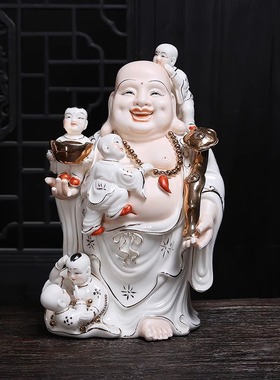 家居玄关五子登科弥勒佛陶瓷摆件