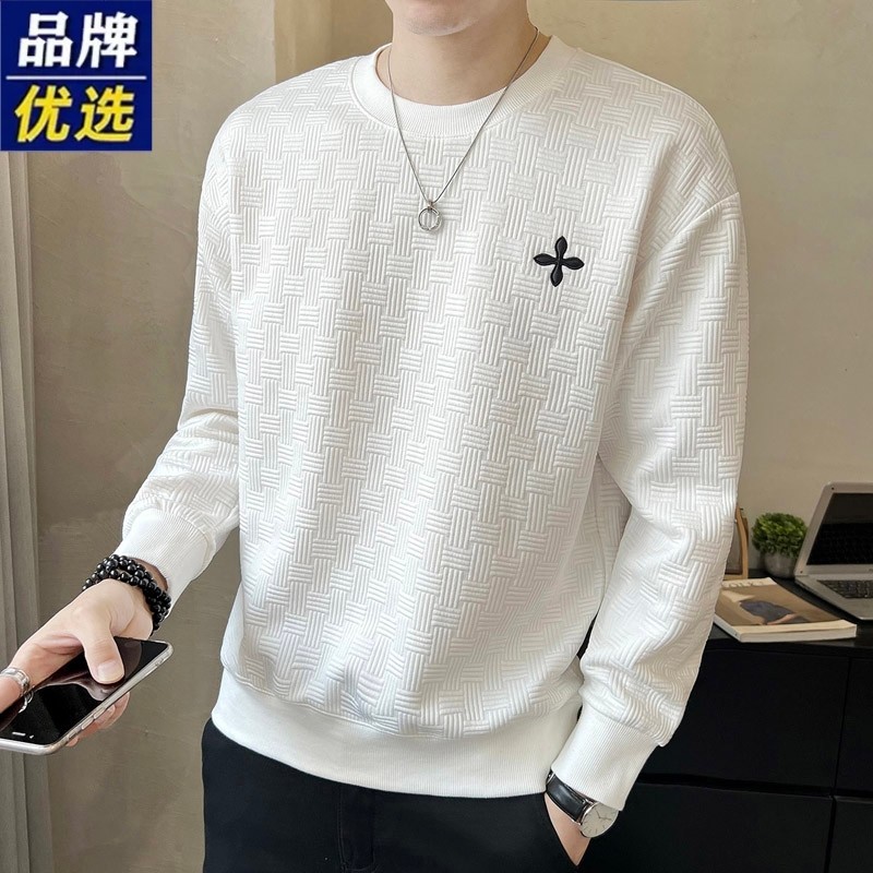 品牌优选长袖t恤男士秋冬季宽松圆领打底衫潮流加绒白色卫衣男装