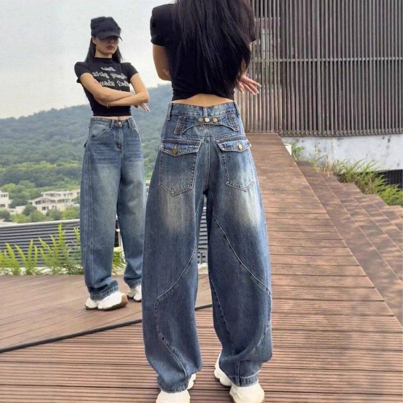 复古弯刀阔腿牛仔裤女秋季新款胖mm大码高腰宽松显瘦窄版直筒裤子