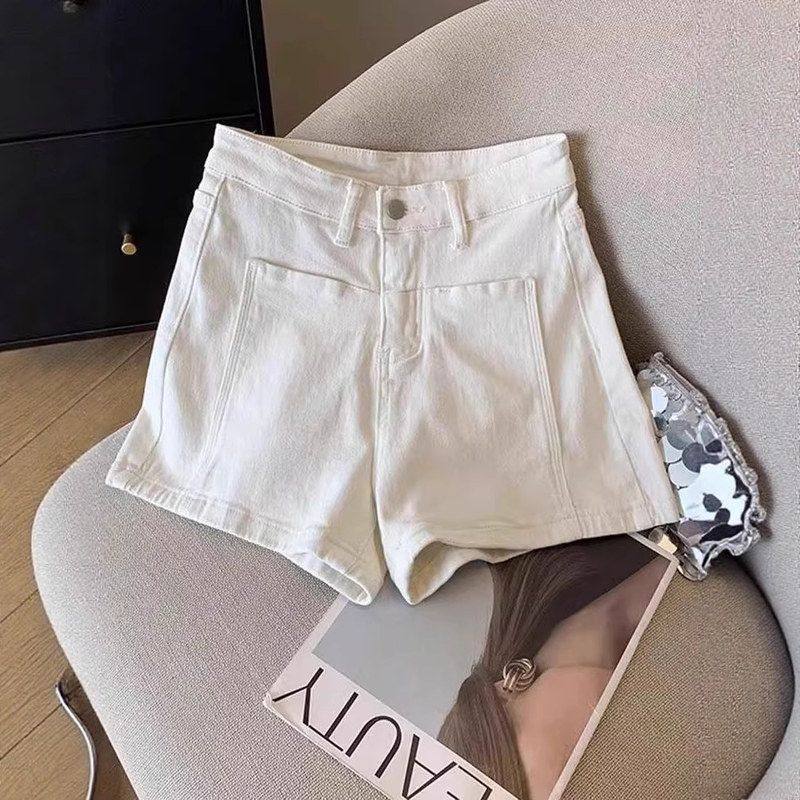 米白色牛仔短裤女2025夏季新款高腰宽松显瘦小个子阔腿a字热裤子