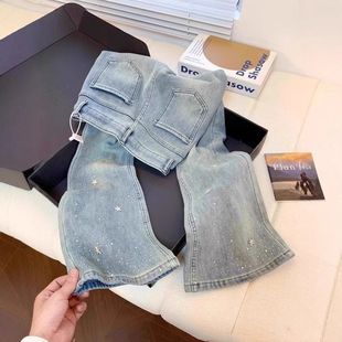 美式闪亮星星烫钻微喇牛仔裤女春季小个子高腰修身显瘦喇叭马蹄裤