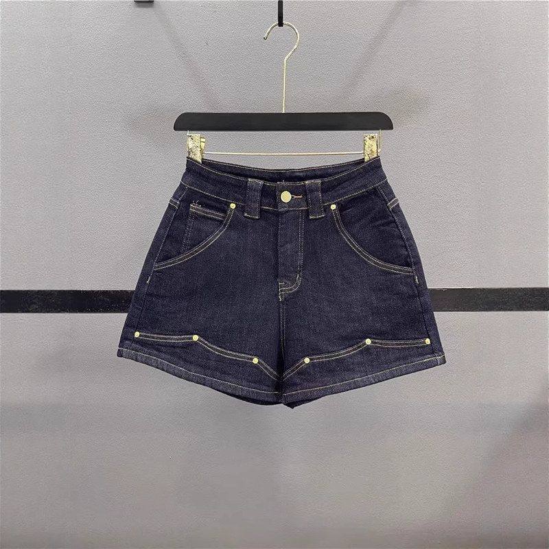 丹宁蓝牛仔短裤女2025夏季高腰美式复古a字阔腿明线撞色铆钉热裤