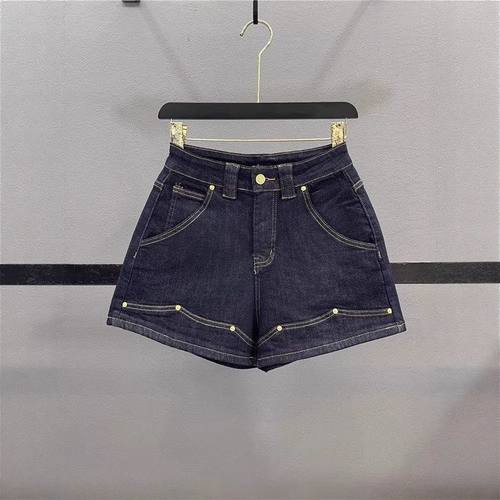 丹宁蓝牛仔短裤女2025夏季高腰美式复古a字阔腿明线撞色铆钉热裤