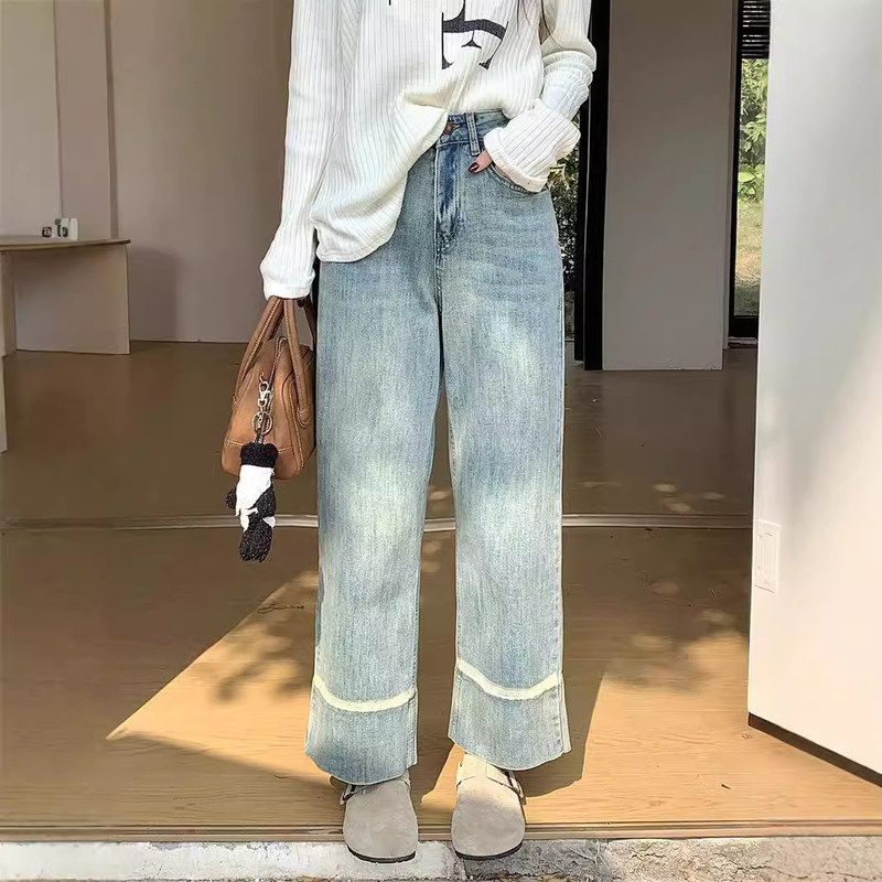 高腰显瘦阔腿裤女2024设计感牛仔裤女秋季流行款小个子九分直筒裤