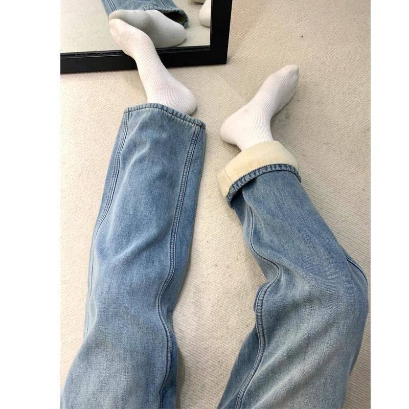 加绒加厚蓝色牛仔裤女冬季新款休闲高腰显瘦百搭宽松直筒阔腿长裤