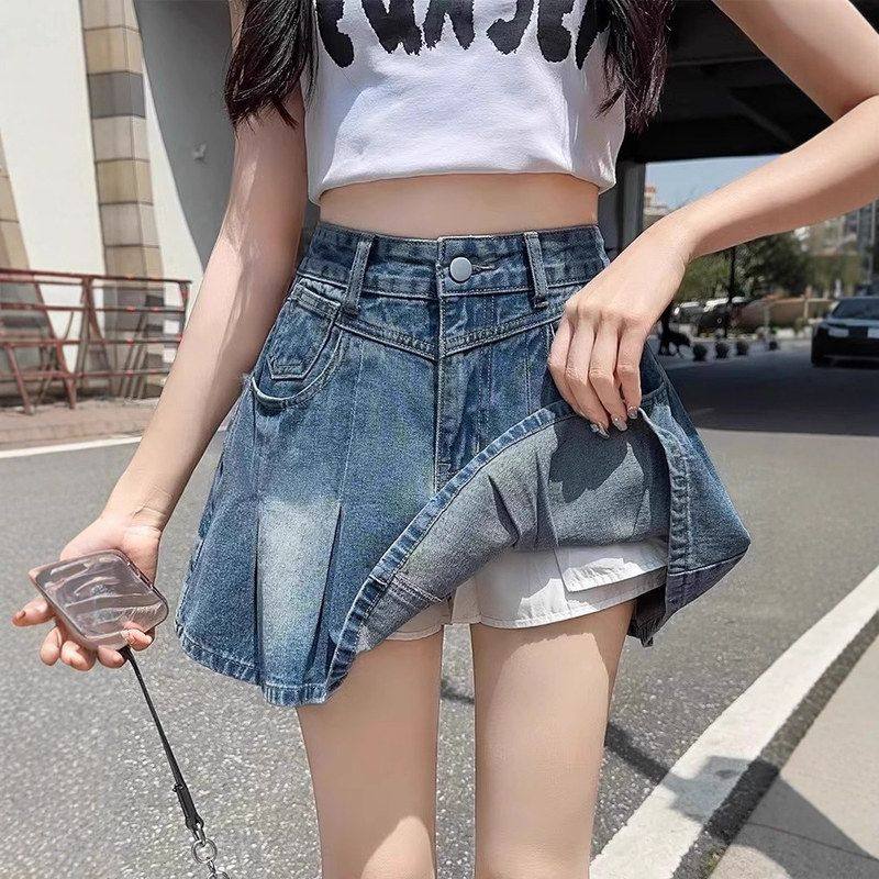 夏季2025新款美式复古牛仔短裙女高腰百褶裙小个子显瘦a字半身裙