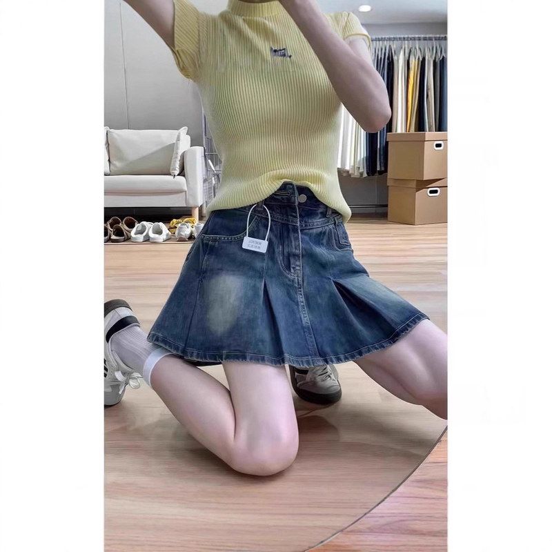 美式复古牛仔短裙女夏季薄款2025年新款高腰显瘦a字百褶裙半身裙