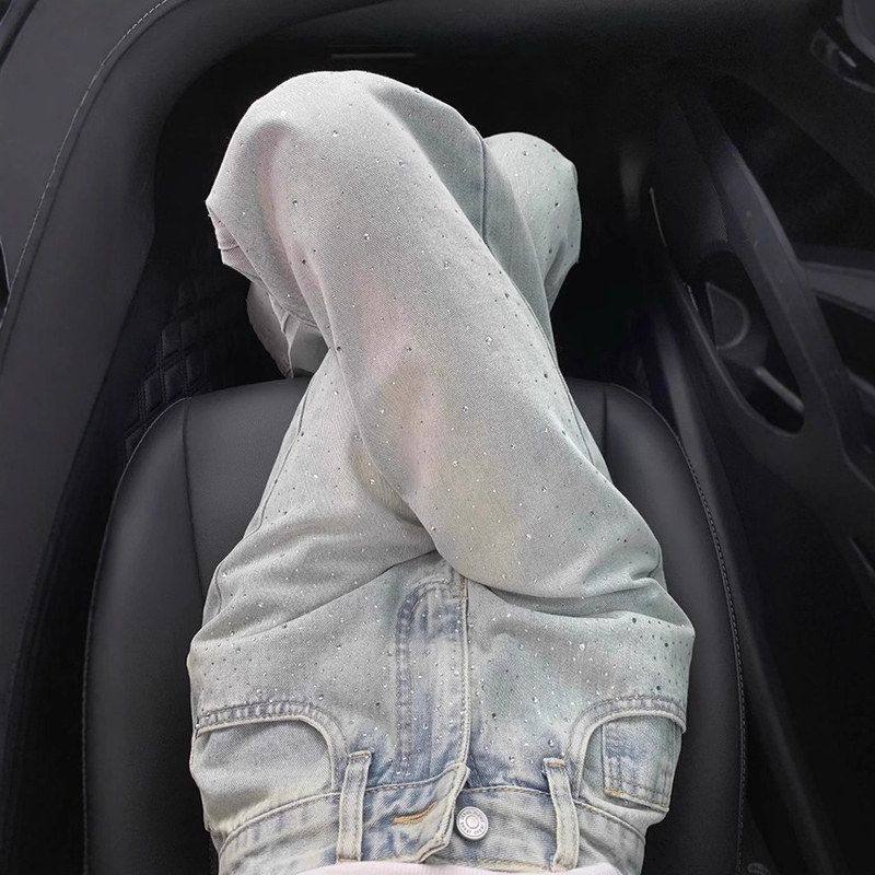 浅蓝阔腿牛仔裤女2025夏季新款小个子显瘦烫钻设计感宽松直筒裤子