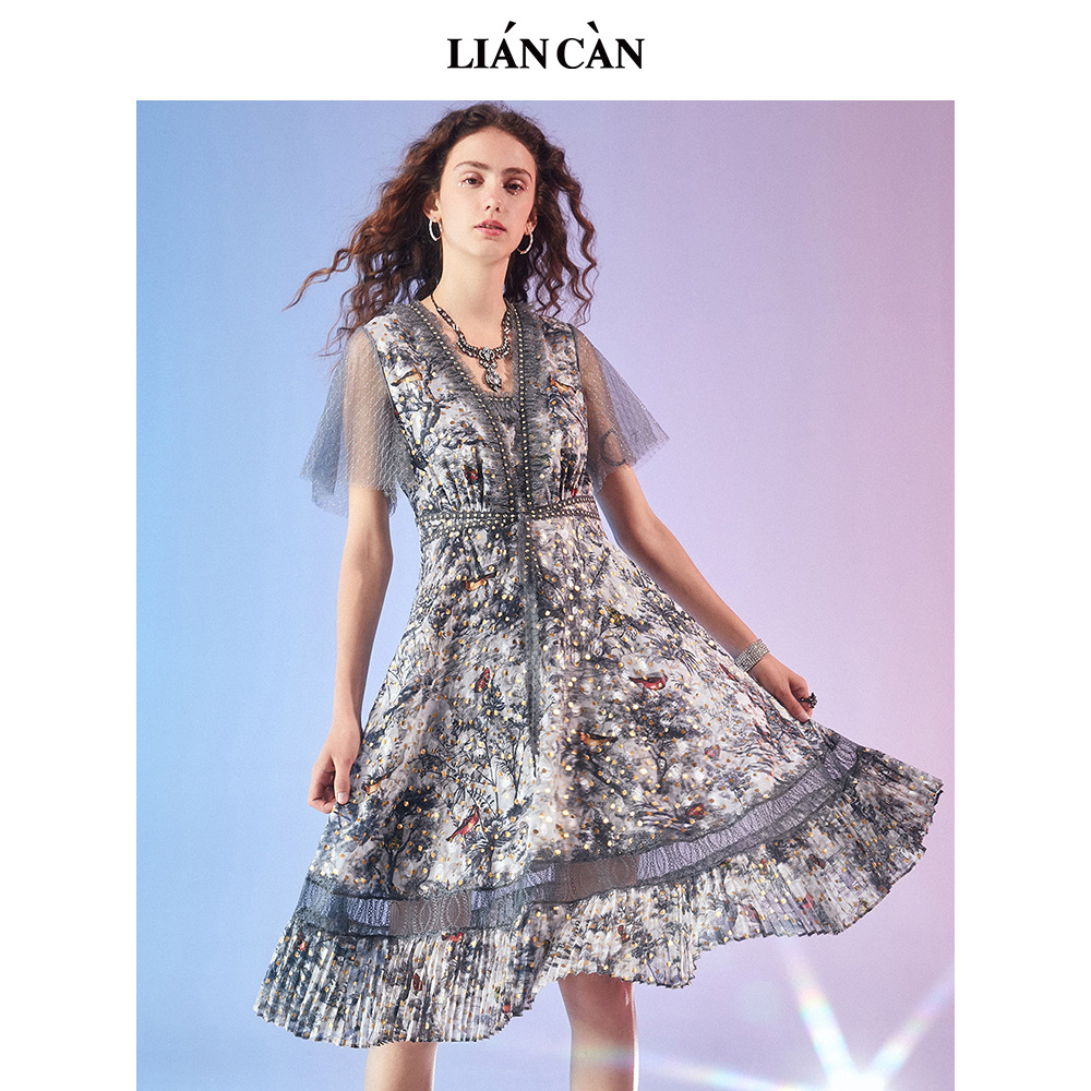莲灿新中式年优雅气质设计师花边方领铆钉中长雪纺连衣裙71212240