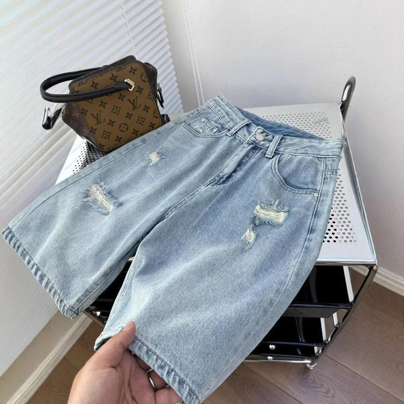 破洞设计感阔腿牛仔裤女2025夏季新款高腰显瘦小个子五分直筒中裤