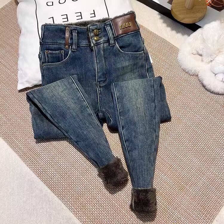 胖MM加绒加厚蓝灰色牛仔裤女冬新款高腰修身显瘦设计感小脚铅笔裤