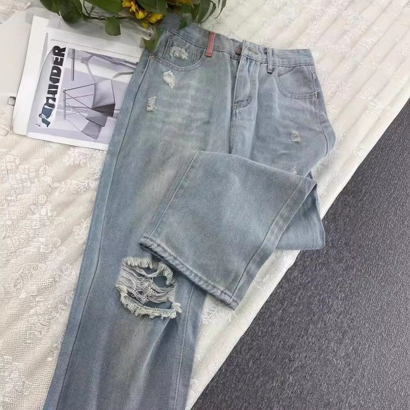 春季新款设计感大码女装高腰破洞牛仔裤百搭直筒裤子窄版阔腿长裤