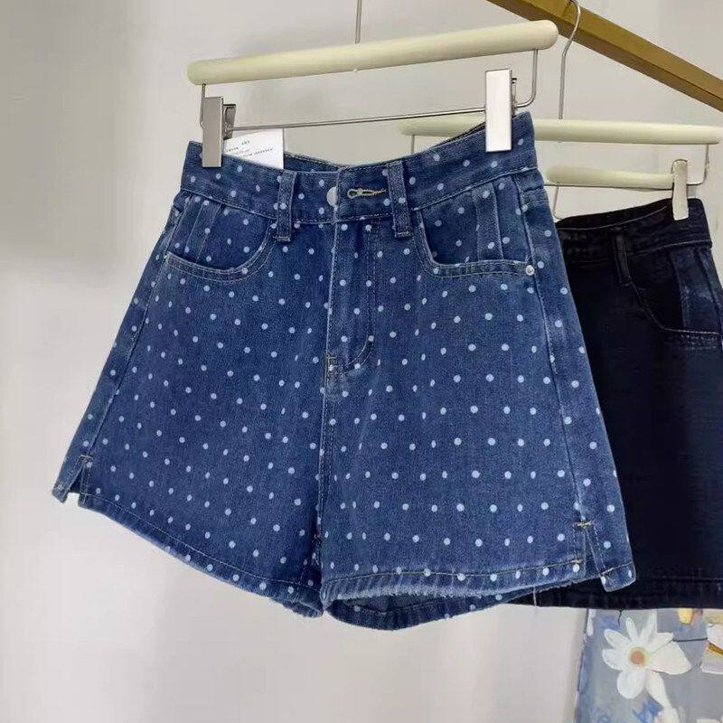波点高腰阔腿牛仔短裤女2024年夏季宽松休闲百搭A字裤子显瘦热裤