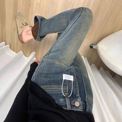 复古蓝高腰微喇叭裤女胖MM冬新款小众设计感方形口袋加绒加厚牛仔