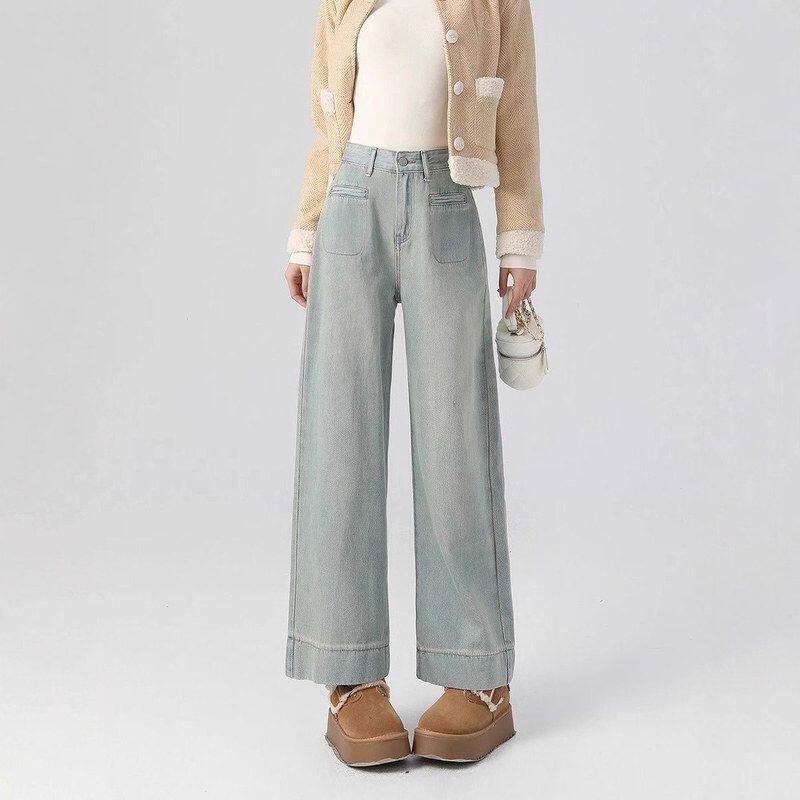 2025夏季新款浅色阔腿牛仔裤女梨形大码胖mm高腰宽松显瘦拖地裤子