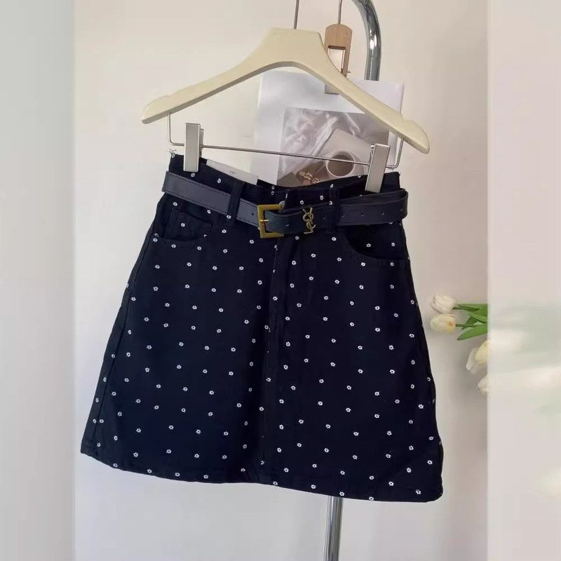 时尚甜酷风高腰牛仔短裙新款女装辣妹显瘦小碎花波点A字裙包臀裙