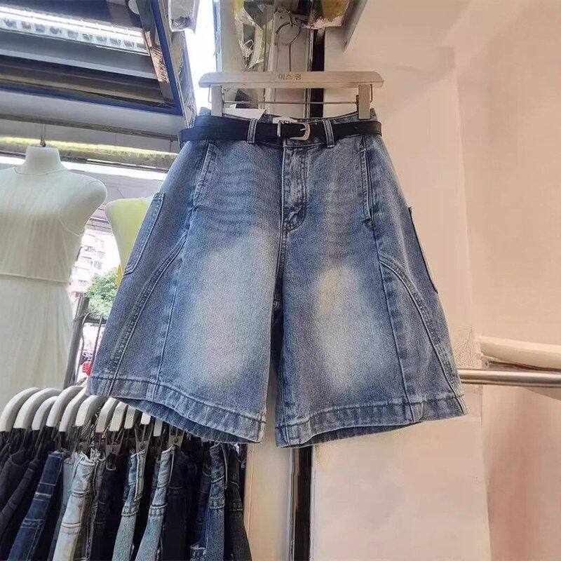 韩版花苞工装五分牛仔裤女2025夏季薄款浅色大码梨型宽松休闲中裤