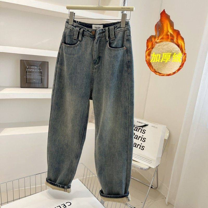 胖MM大码小众加绒加厚蓝色牛仔裤女冬季小个子高腰显瘦直筒哈伦裤