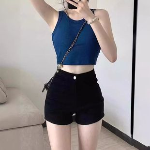 外穿 高腰显瘦运动跳舞打底裤 纯欲风黑色弹力牛仔短裤 辣妹A字热裤