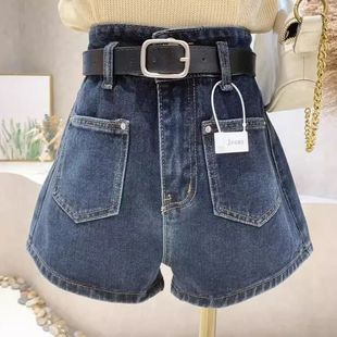 高腰宽松显瘦遮肉a字阔腿热裤 韩版 新款 女2024夏季 设计感牛仔短裤