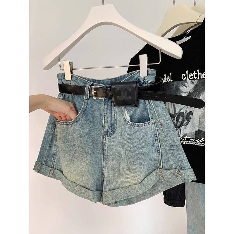 大码卷边设计牛仔短裤女2025夏季新款高腰宽松显瘦a字阔腿热裤潮