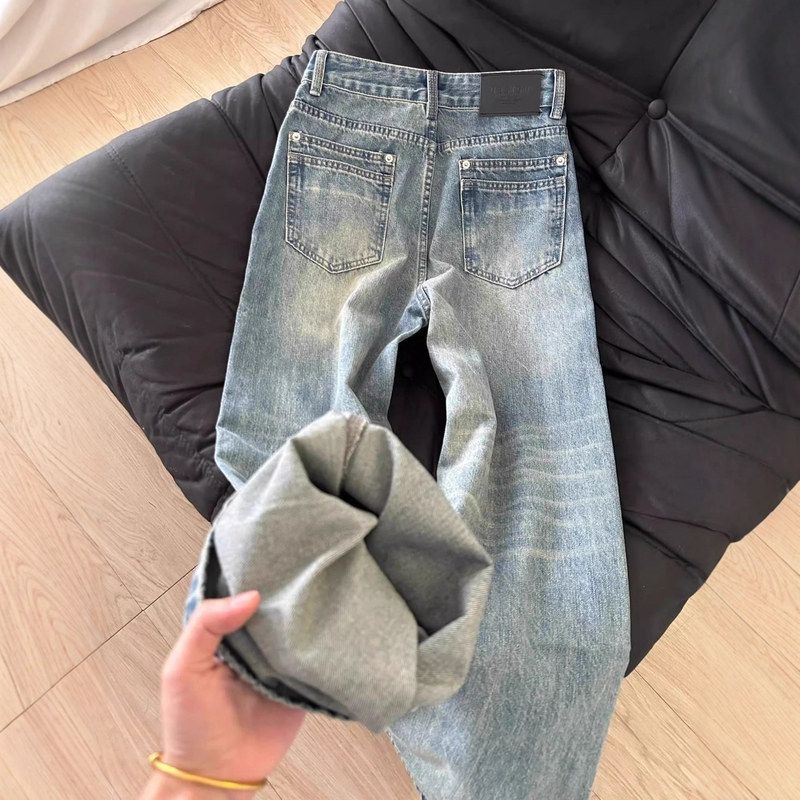 设计感高腰宽松直筒牛仔裤女2025春秋复古水洗垂感百搭阔腿裤子潮