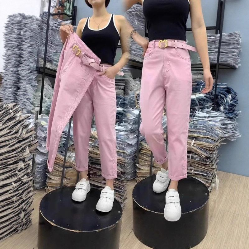 大码粉色哈伦牛仔裤女装爆款夏季梨形胖mm高腰宽松显瘦九分老爹裤